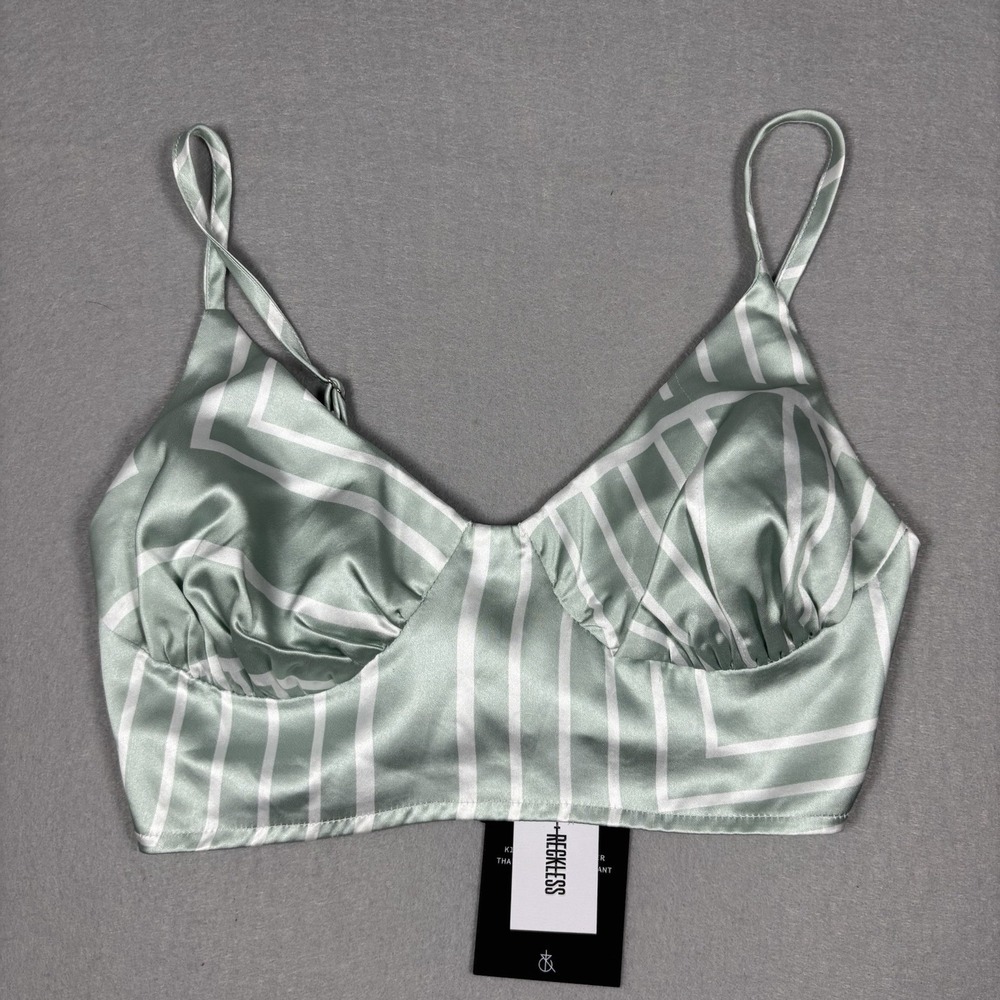 New 4th & Reckless Bralette Top Women's XS Light Green White Striped Side Zip